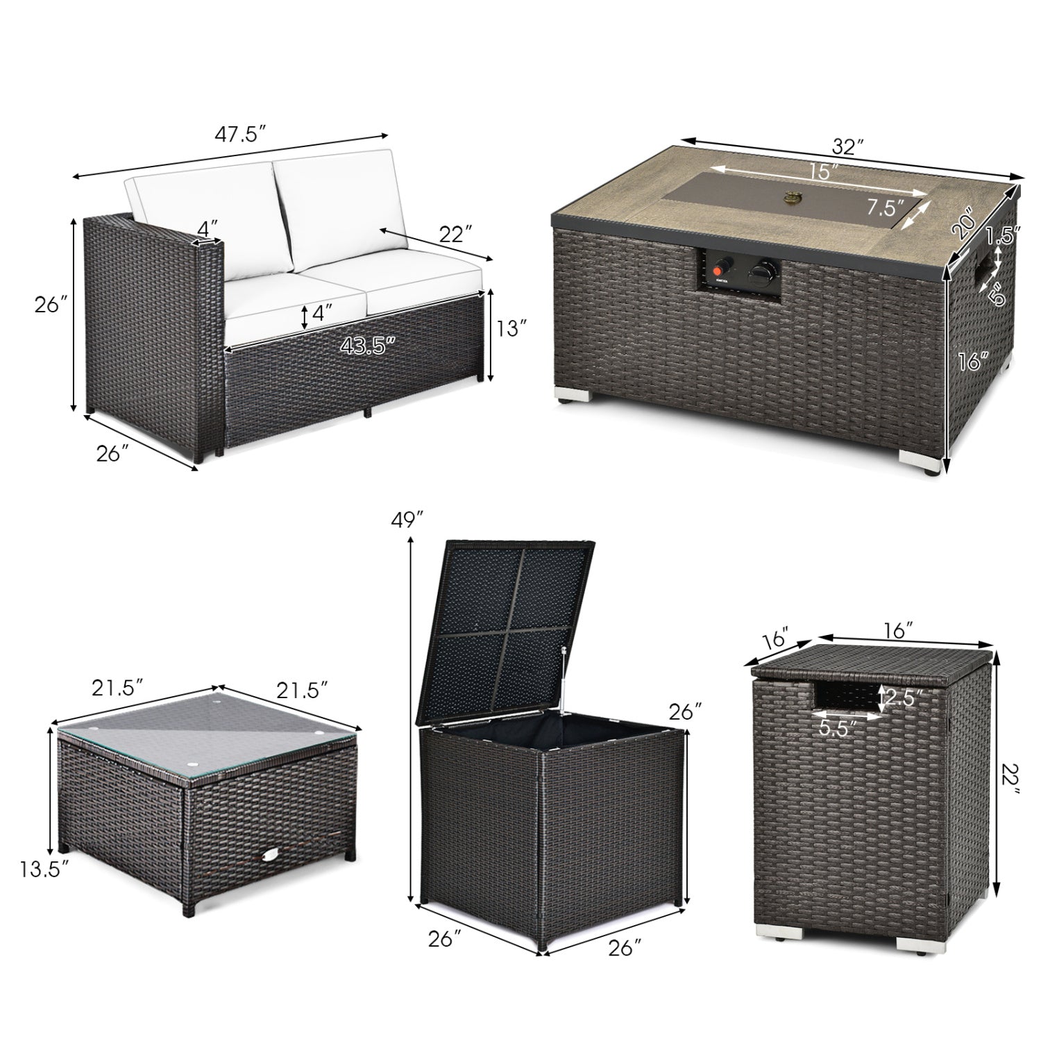 6 Piece Outdoor Wicker Furniture Set, 32 Inch Propane Fire Pit Table, Turquoise Patio Conversation Sets at Gallery Canada