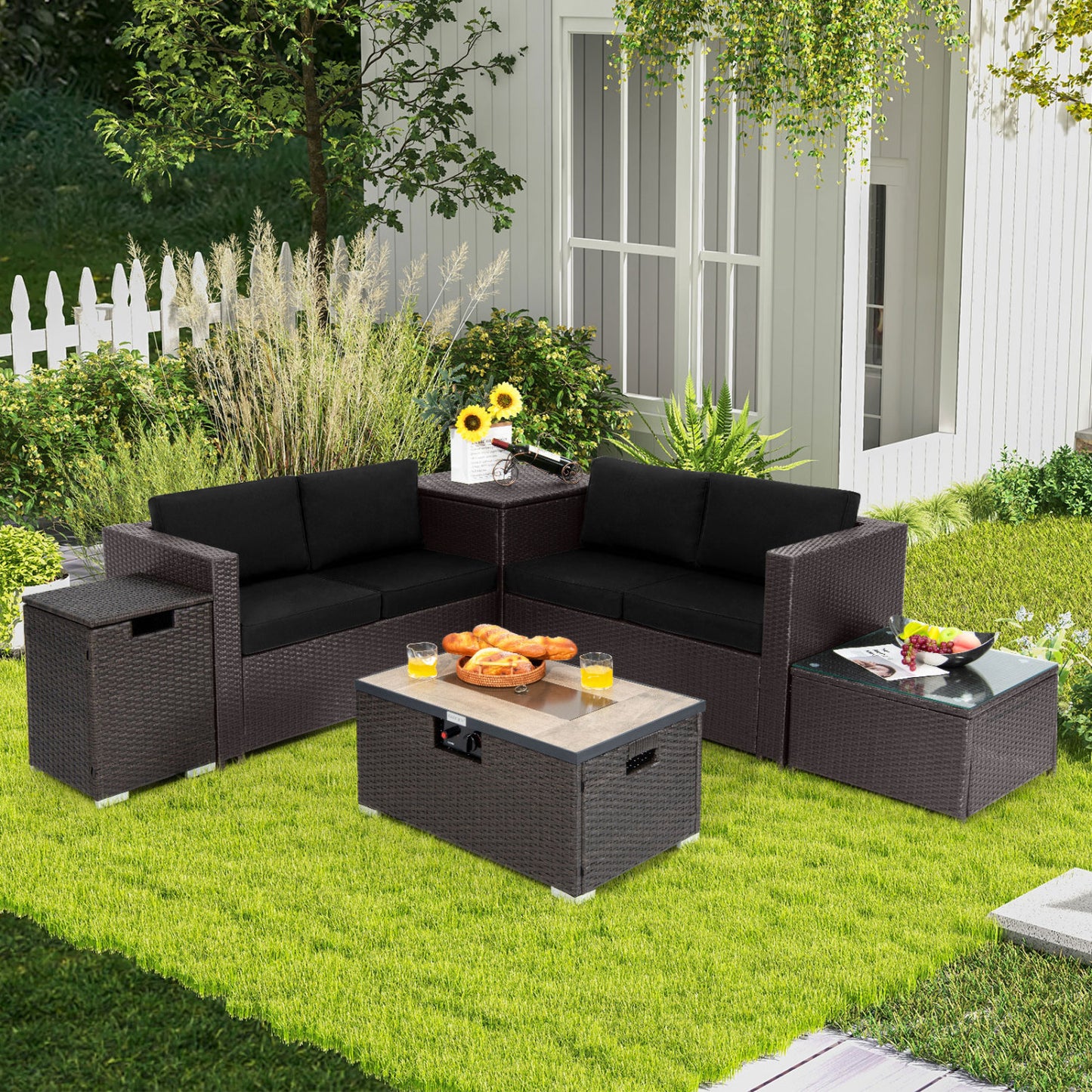 6-Piece Outdoor Wicker Set with 32" Propane Fire Pit, Black Patio Conversation Sets at Gallery Canada
