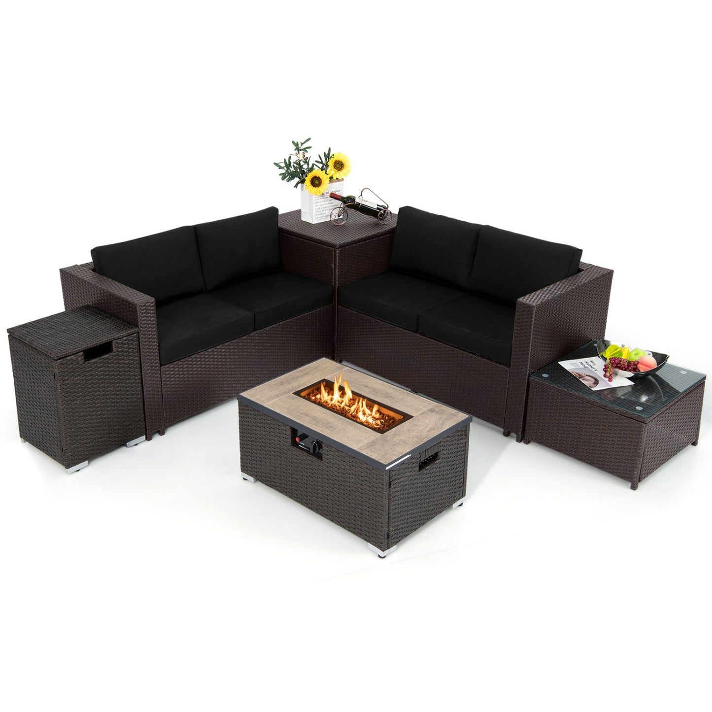 6-Piece Outdoor Wicker Set with 32" Propane Fire Pit, Black Patio Conversation Sets Black at Gallery Canada