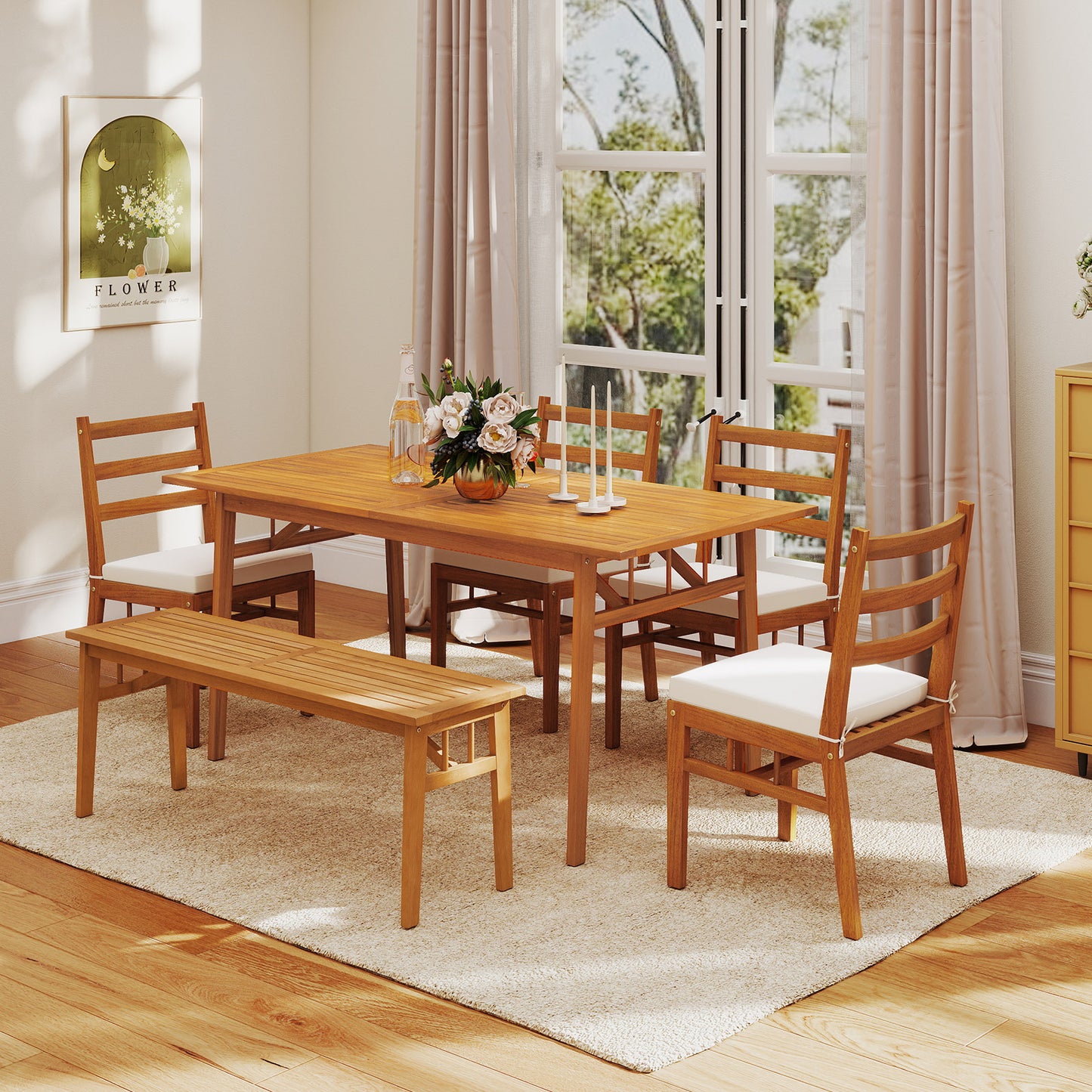 6 Pieces Patio Acacia Wood Dining Set with Bench Rectangular Table and Chairs Patio Dining Sets at Gallery Canada