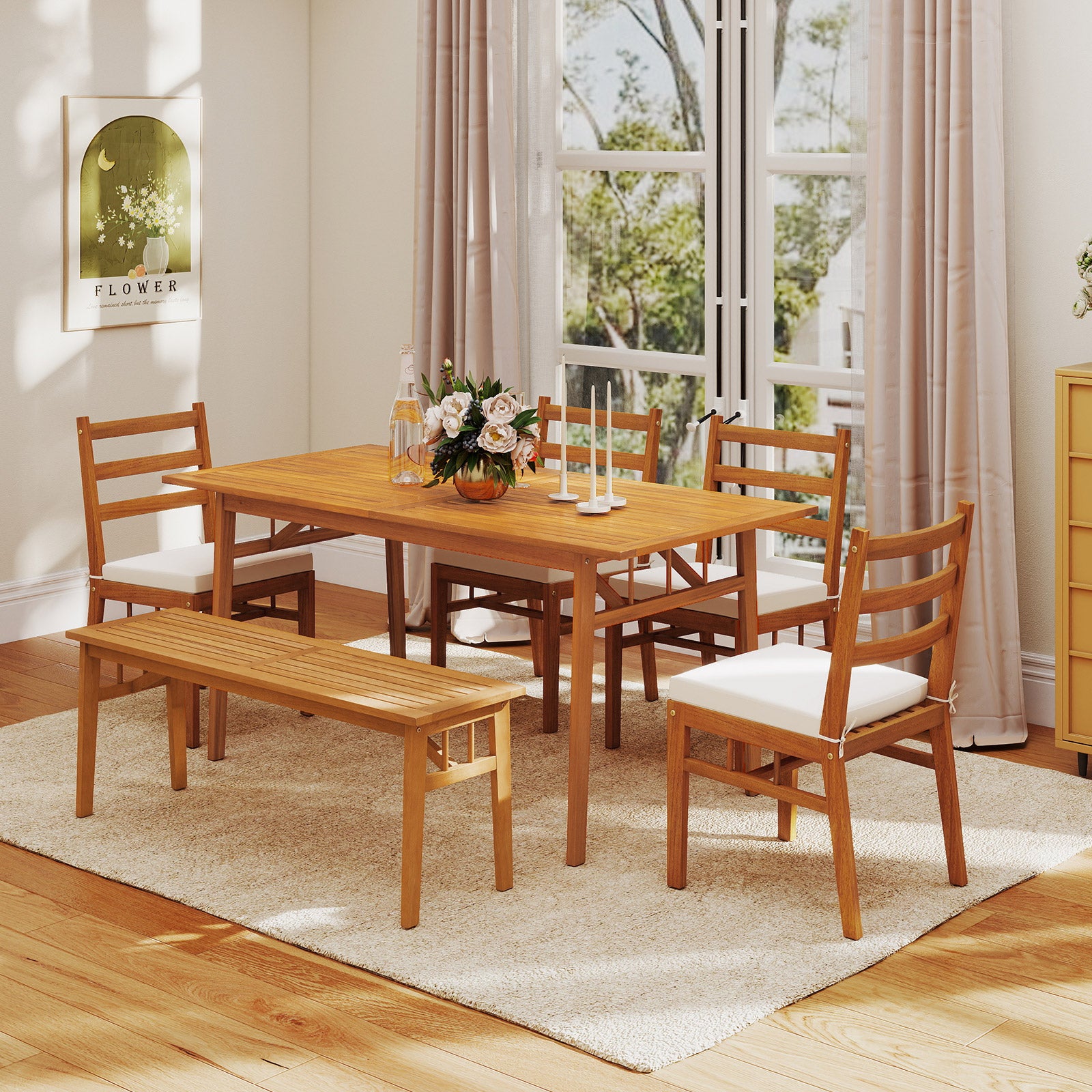 6 Pieces Patio Acacia Wood Dining Set with Bench Rectangular Table and Chairs Patio Dining Sets at Gallery Canada