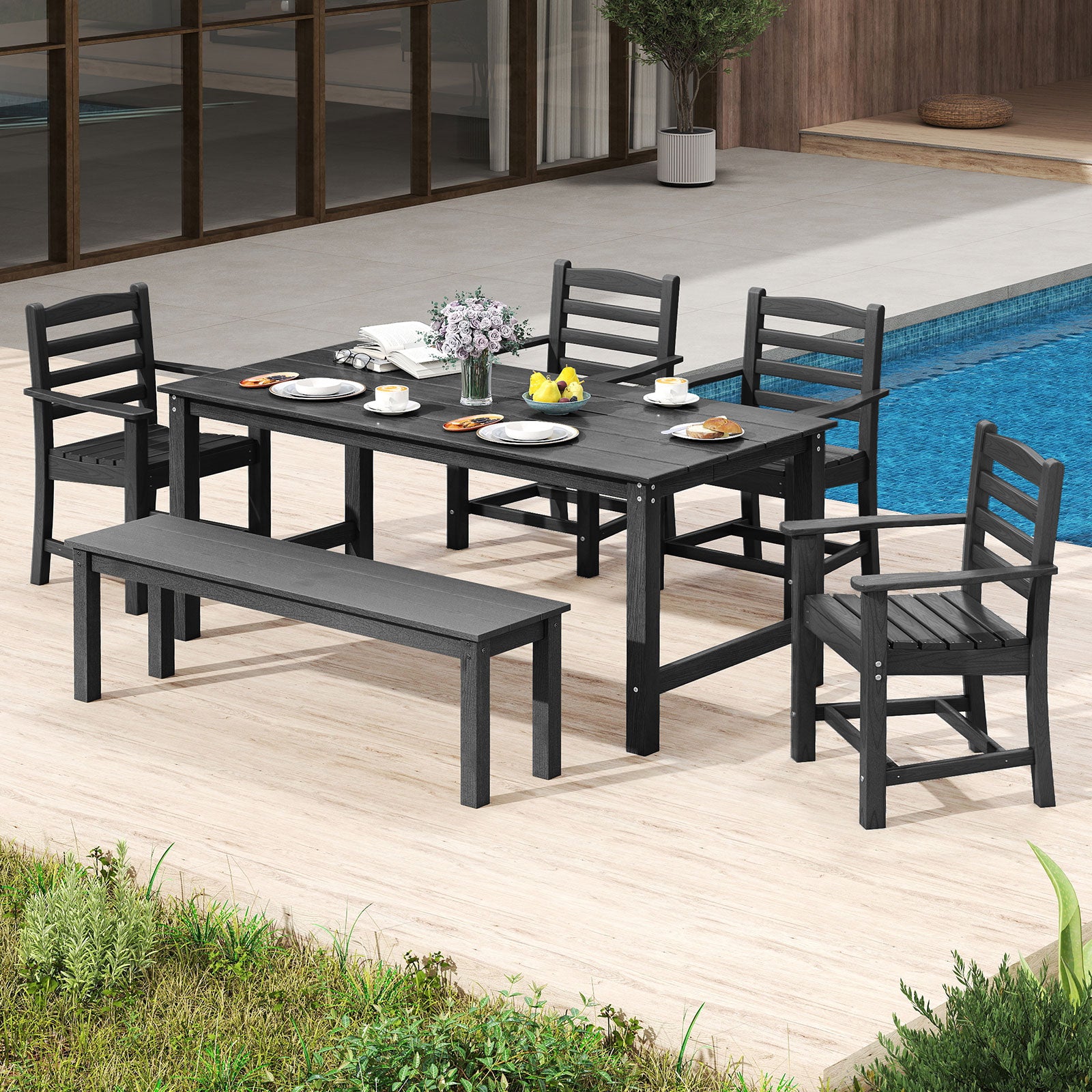 6 Pieces Patio Dining Bench Set Outdoor HDPE Weather Resistant Table and Chairs Set, Black Patio Dining Sets at Gallery Canada