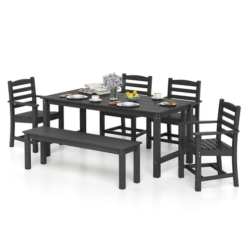 6 Pieces Patio Dining Bench Set Outdoor HDPE Weather Resistant Table and Chairs Set, Black