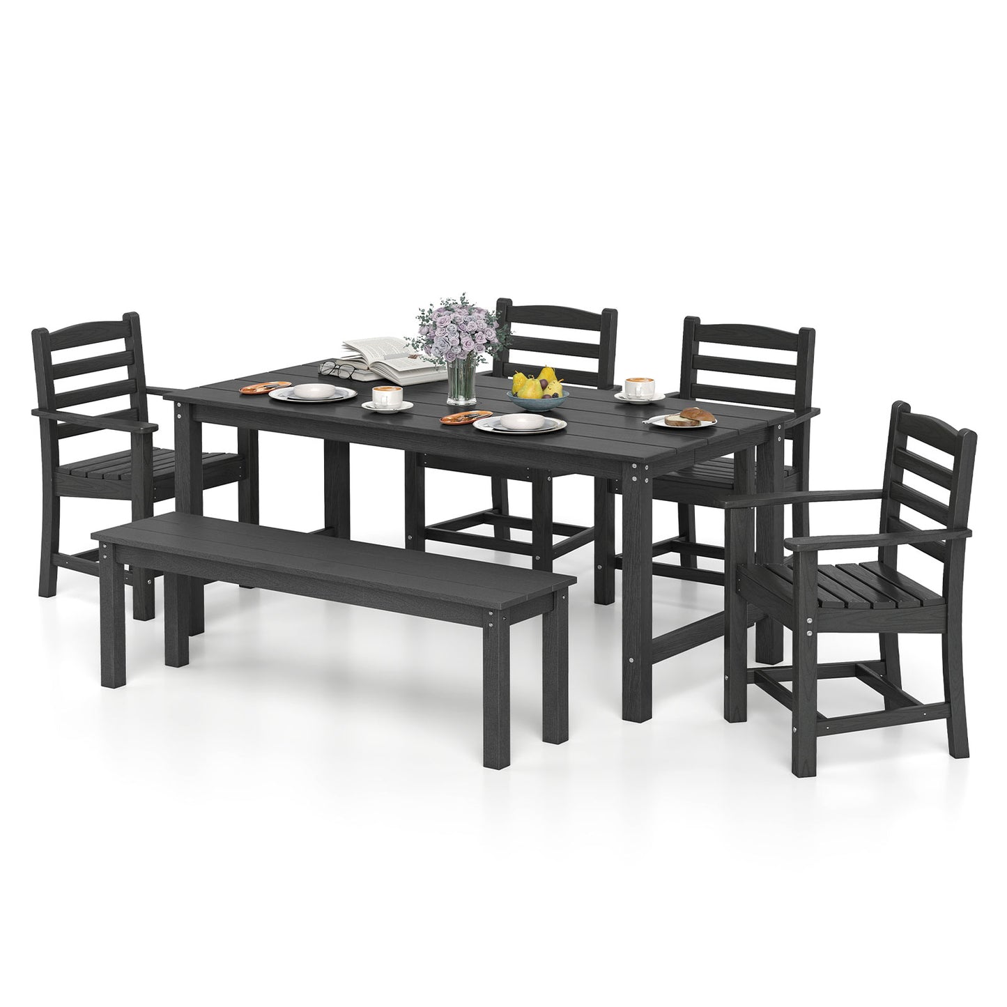 6 Pieces Patio Dining Bench Set Outdoor HDPE Weather Resistant Table and Chairs Set, Black Patio Dining Sets at Gallery Canada