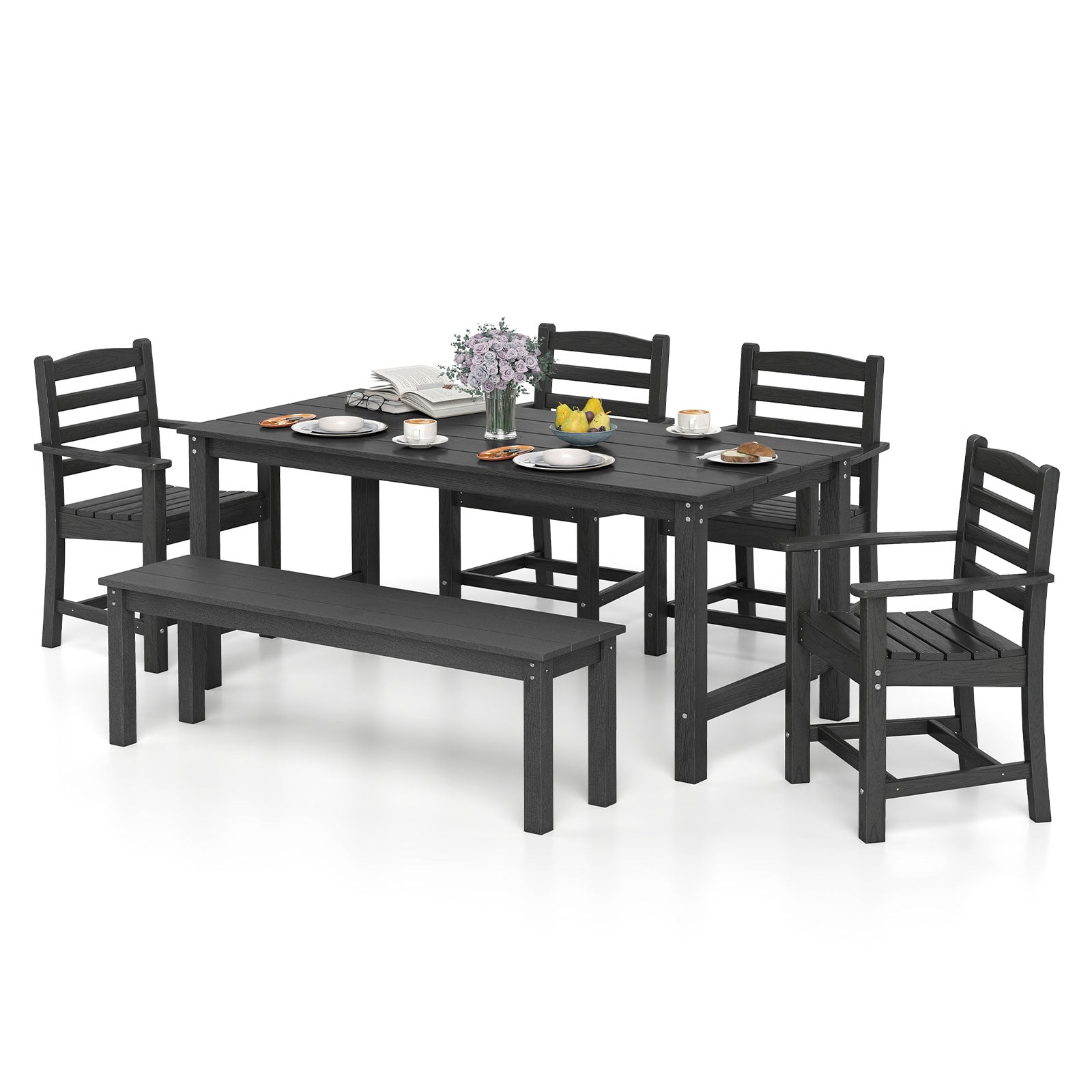 6 Pieces Patio Dining Bench Set Outdoor HDPE Weather Resistant Table and Chairs Set, Black Patio Dining Sets at Gallery Canada