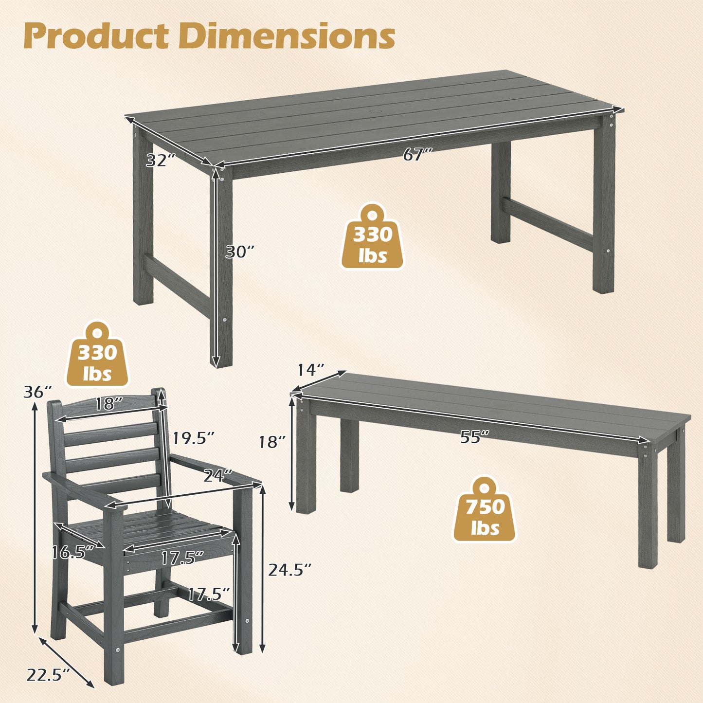 6 Pieces Patio Dining Bench Set Outdoor HDPE Weather Resistant Table and Chairs Set-Grey, Gray Patio Dining Sets at Gallery Canada