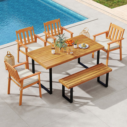 6 Pieces Patio Dining Table Set 63” Rectangle Table with 4 Acacia Wood Armchairs and Backless Bench Patio Dining Sets at Gallery Canada