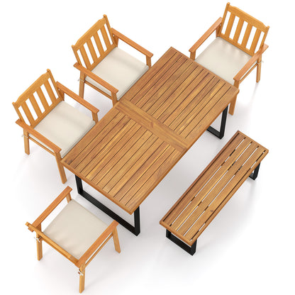 6 Pieces Patio Dining Table Set 63” Rectangle Table with 4 Acacia Wood Armchairs and Backless Bench Patio Dining Sets Options at Gallery Canada