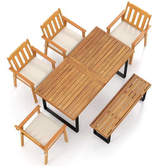 6 Pieces Patio Dining Table Set 63” Rectangle Table with 4 Acacia Wood Armchairs and Backless Bench Patio Dining Sets Options at Gallery Canada