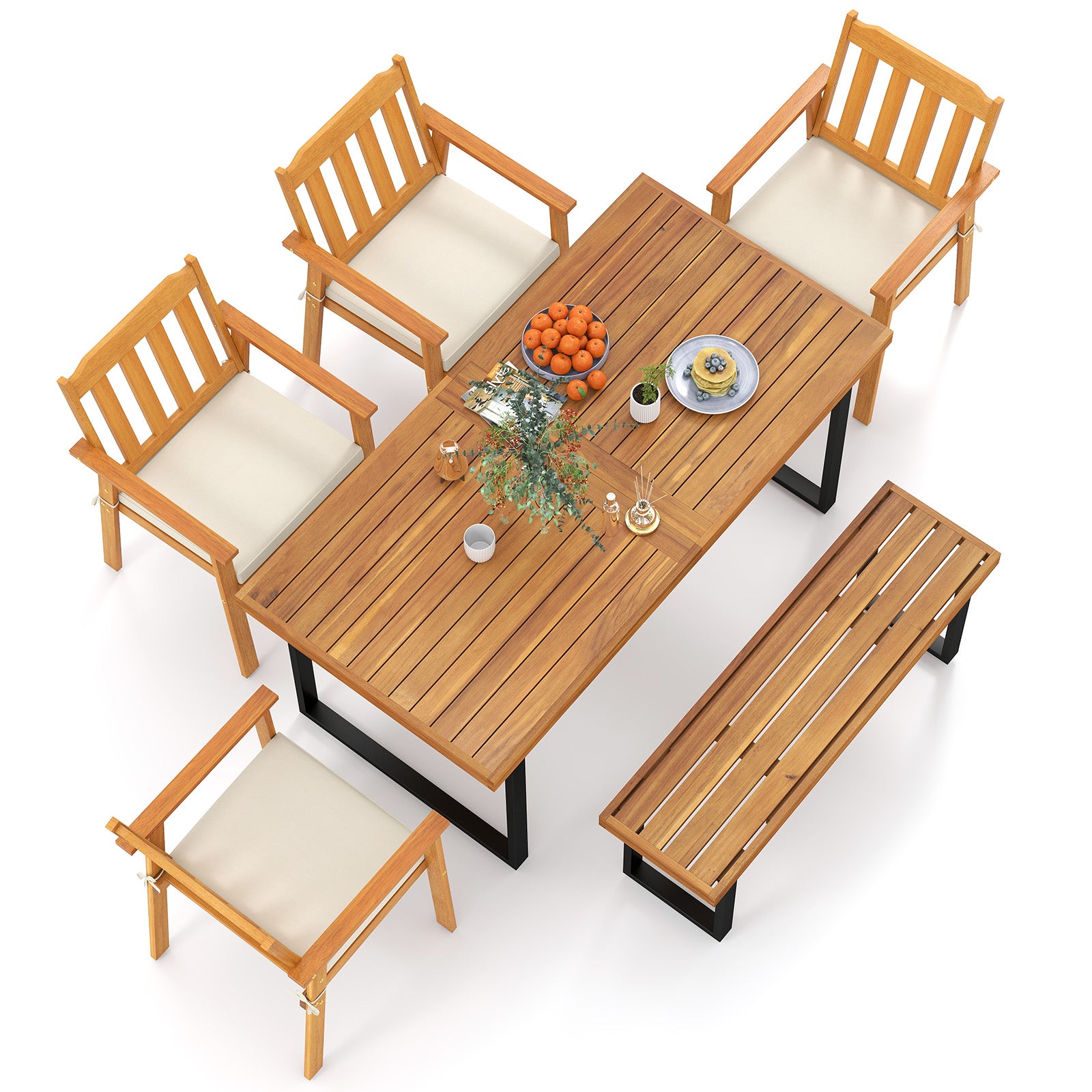6 Pieces Patio Dining Table Set 63” Rectangle Table with 4 Acacia Wood Armchairs and Backless Bench Patio Dining Sets at Gallery Canada