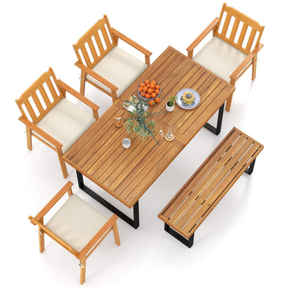 6 Pieces Patio Dining Table Set 63” Rectangle Table with 4 Acacia Wood Armchairs and Backless Bench Patio Dining Sets at Gallery Canada