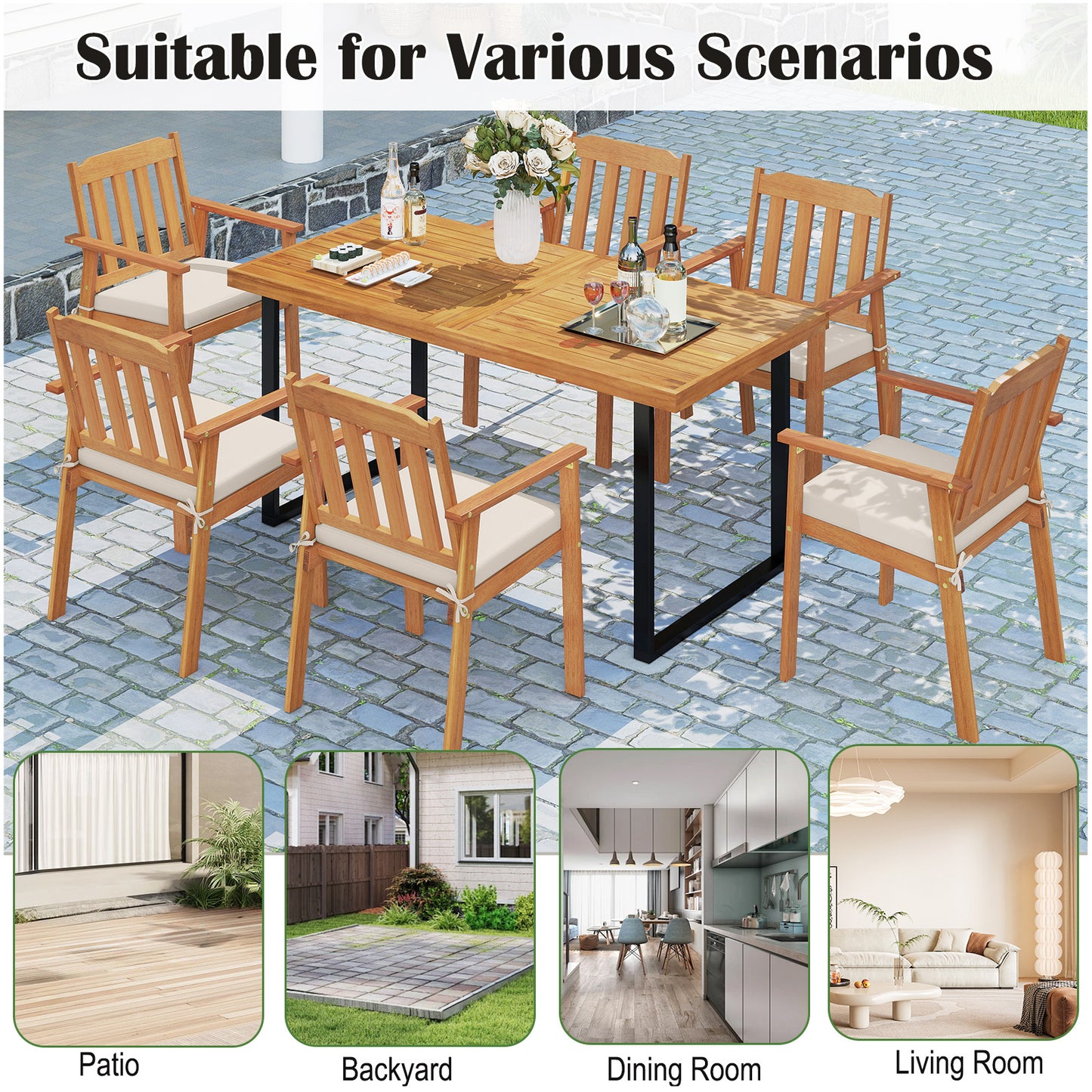 6 Pieces Patio Dining Table Set 63” Rectangle Table with 4 Acacia Wood Armchairs and Backless Bench Patio Dining Sets at Gallery Canada