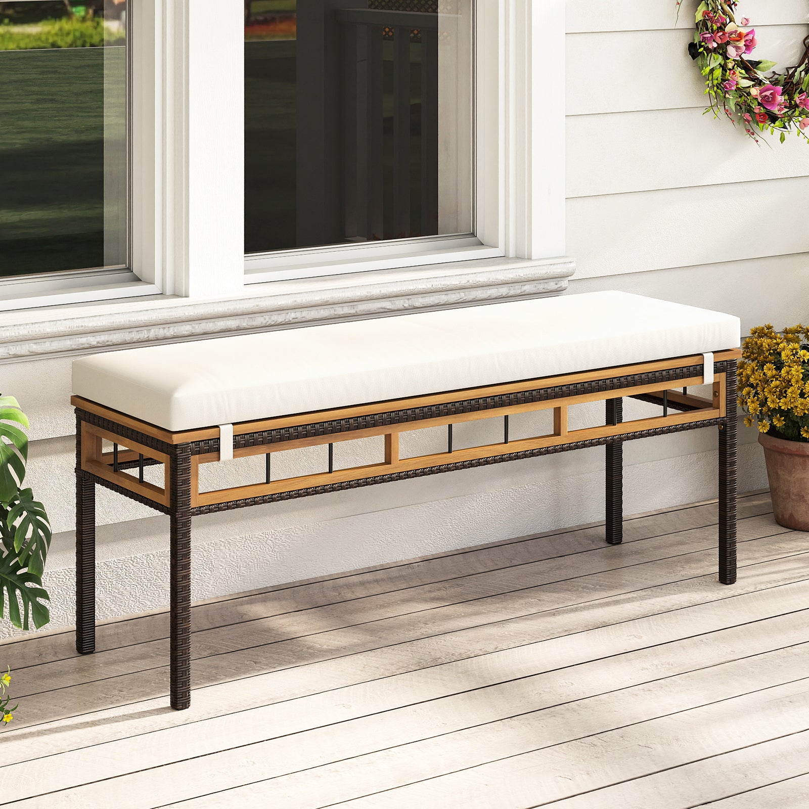 6-Pieces Patio Dining Table Set Rectangular Acacia Wood Table and Backless Bench, White Outdoor Benches at Gallery Canada