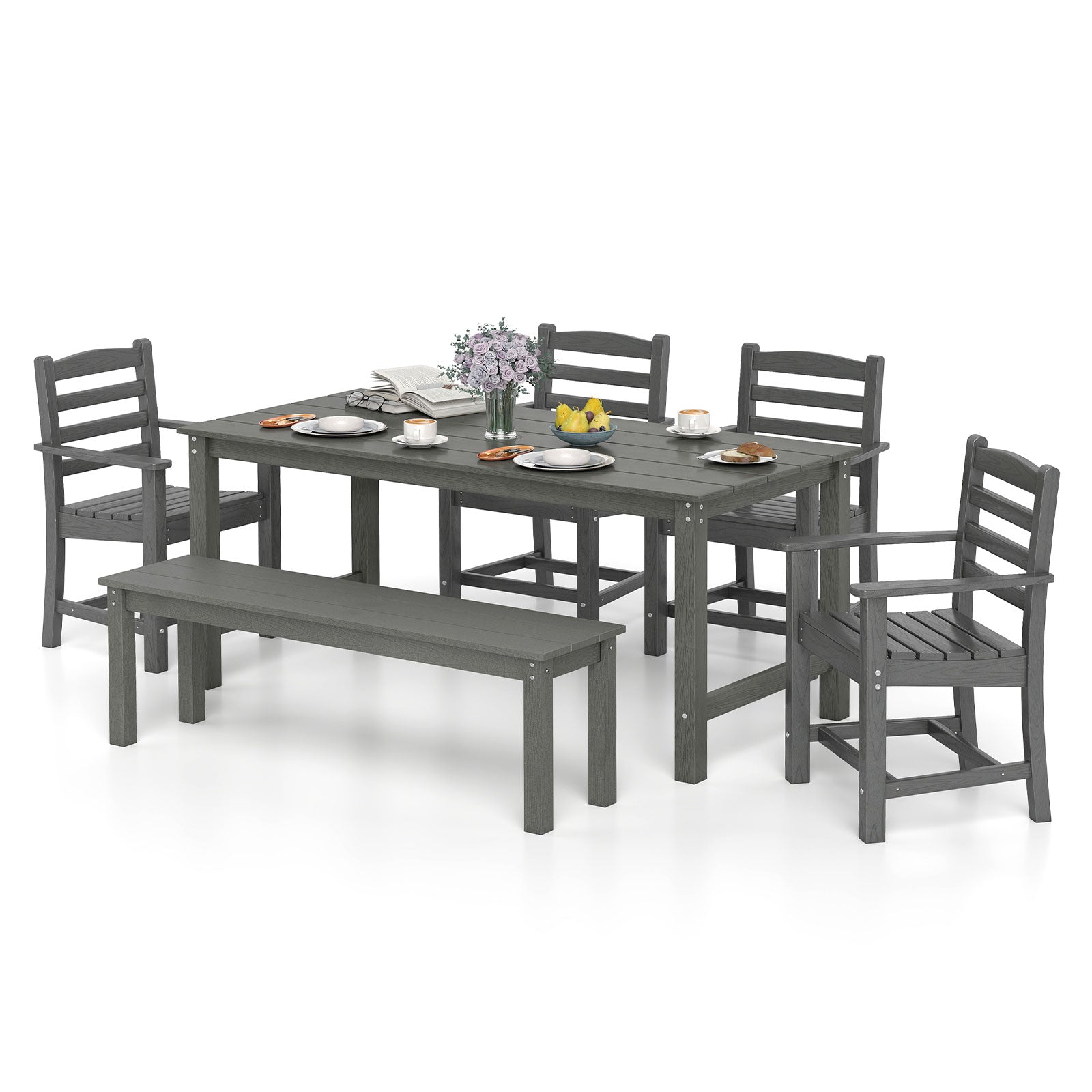 6 Piece Patio Dining Bench Set, HDPE Weather Resistant, Gray Patio Dining Sets Gray at Gallery Canada