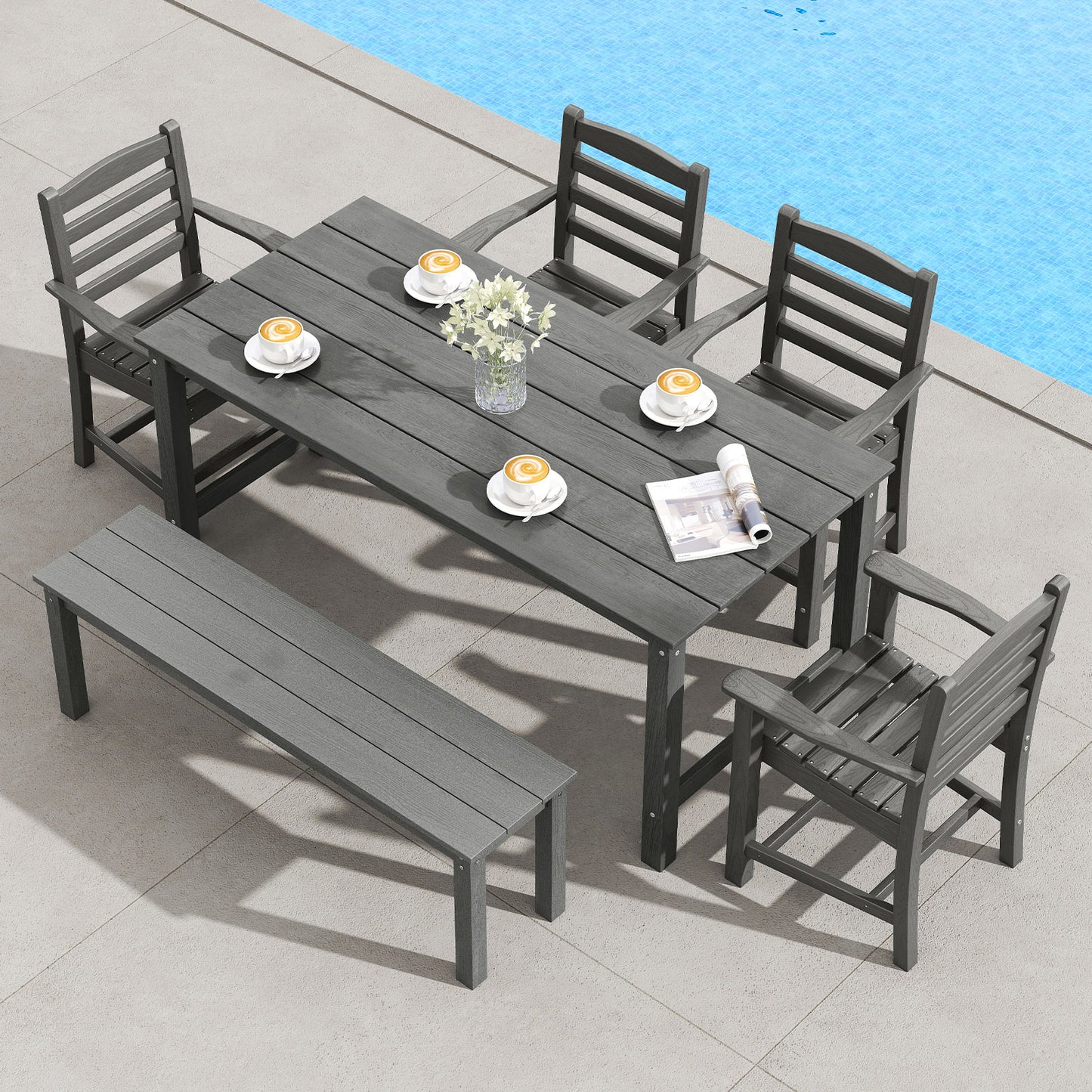 6 Piece Patio Dining Bench Set, HDPE Weather Resistant, Gray Patio Dining Sets at Gallery Canada