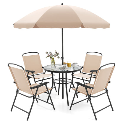 6 Piece Patio Dining Set, Umbrella, 4 Folding Chairs, Beige