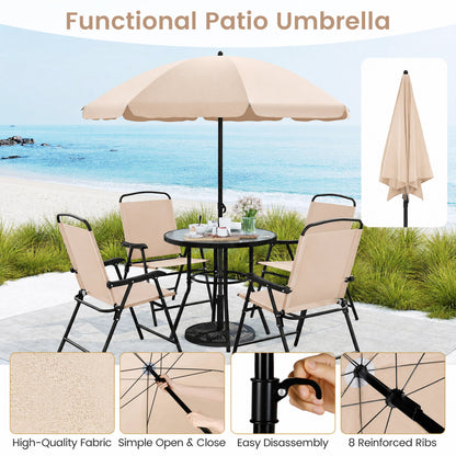 6 Piece Patio Dining Set, Umbrella, 4 Folding Chairs, Beige