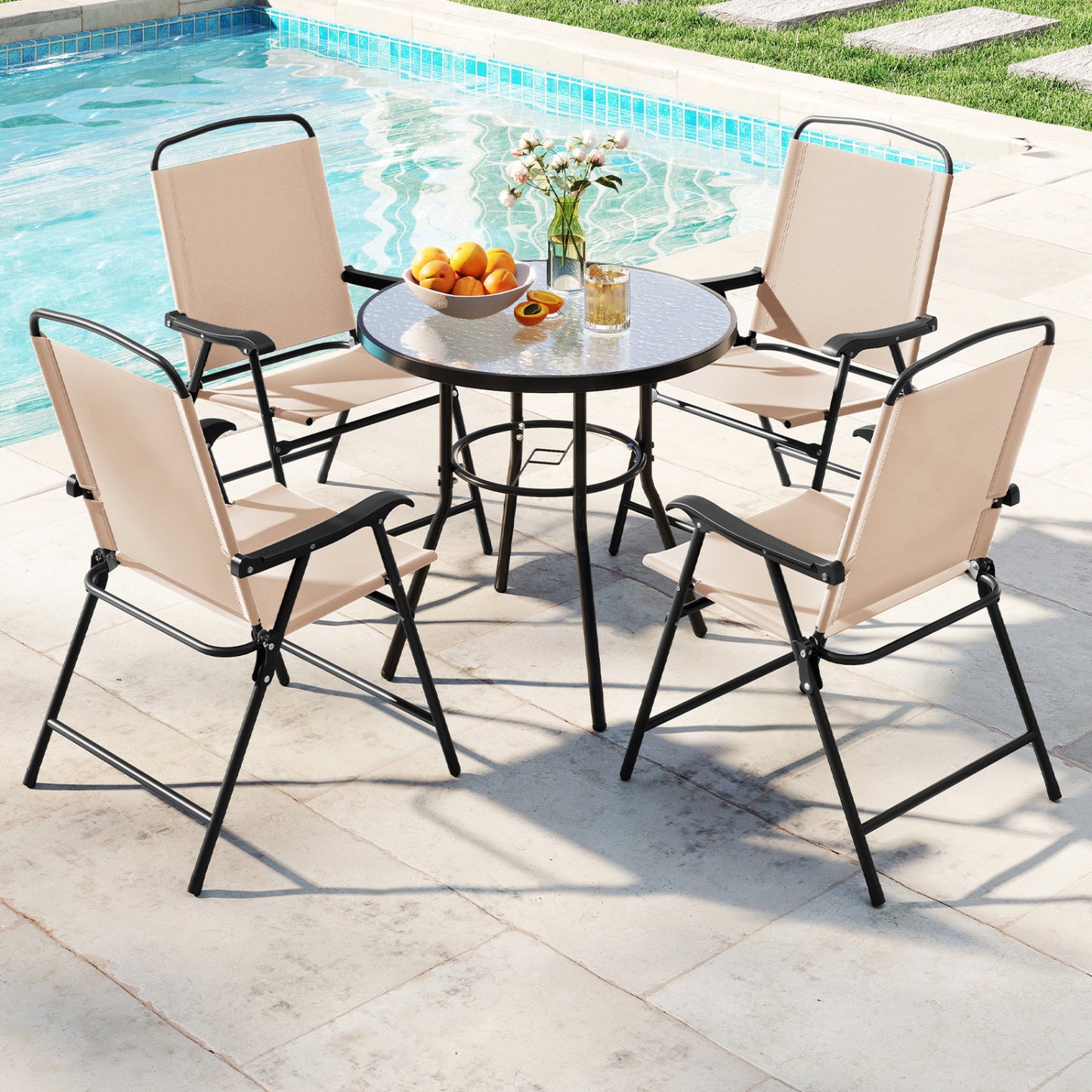 6 Piece Patio Dining Set, Umbrella, 4 Folding Chairs, Beige