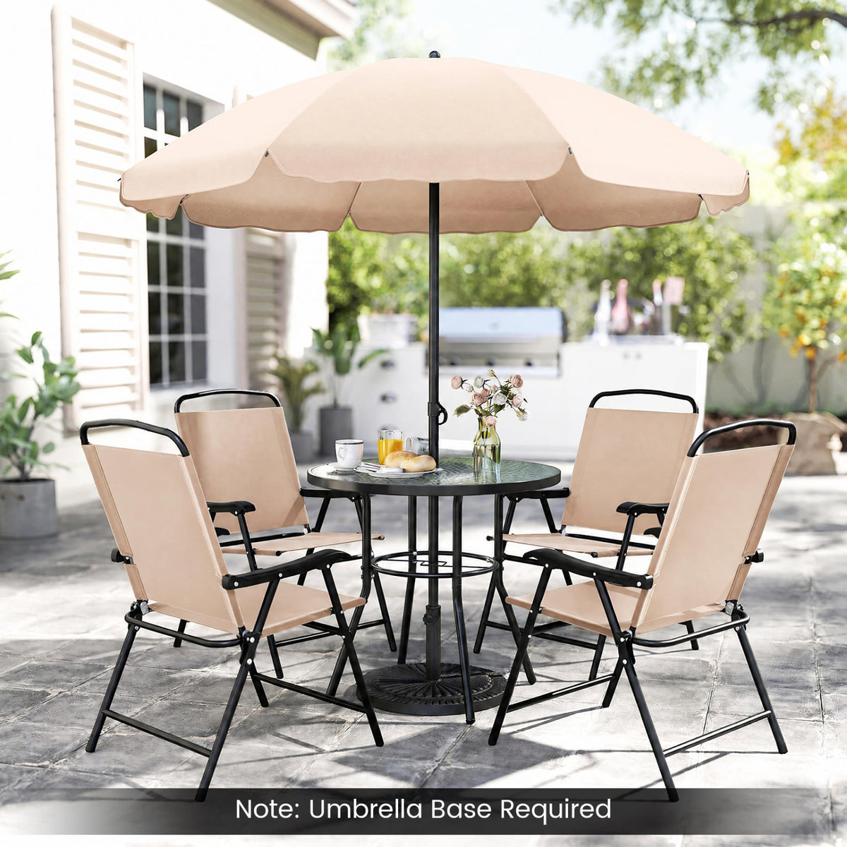 6 Piece Patio Dining Set, Umbrella, 4 Folding Chairs, Beige