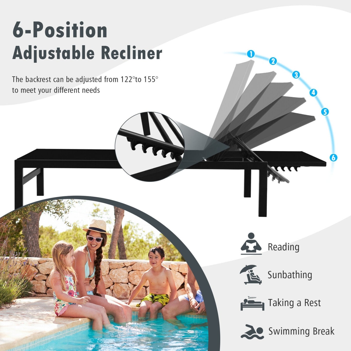 6-Position Chaise Lounge Chair, Rustproof Aluminium Frame, Black