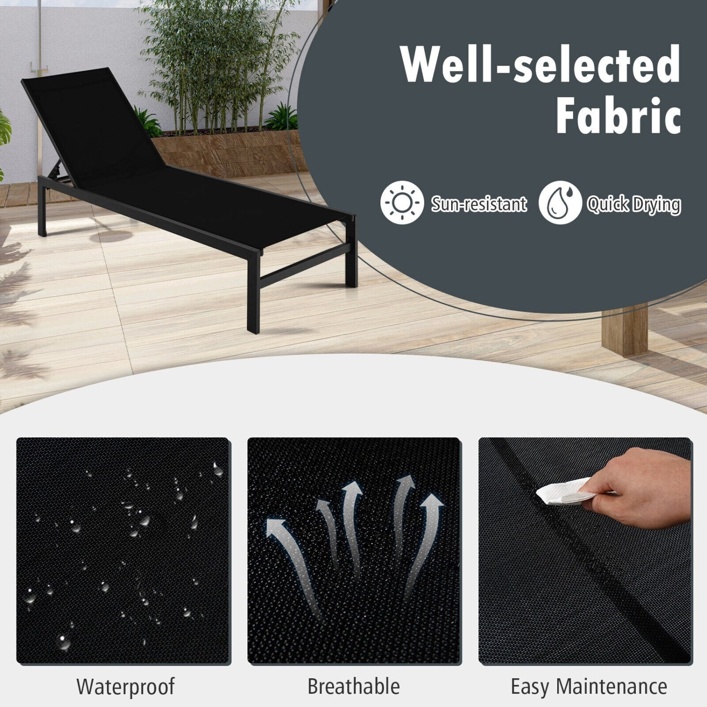 6-Position Chaise Lounge Chair, Rustproof Aluminium Frame, Black