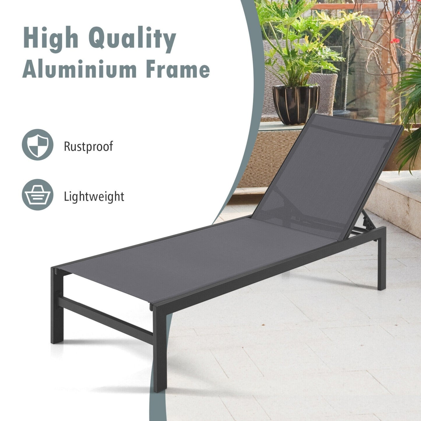 6-Position Chaise Lounge Chair, Rustproof Aluminium Frame, Gray