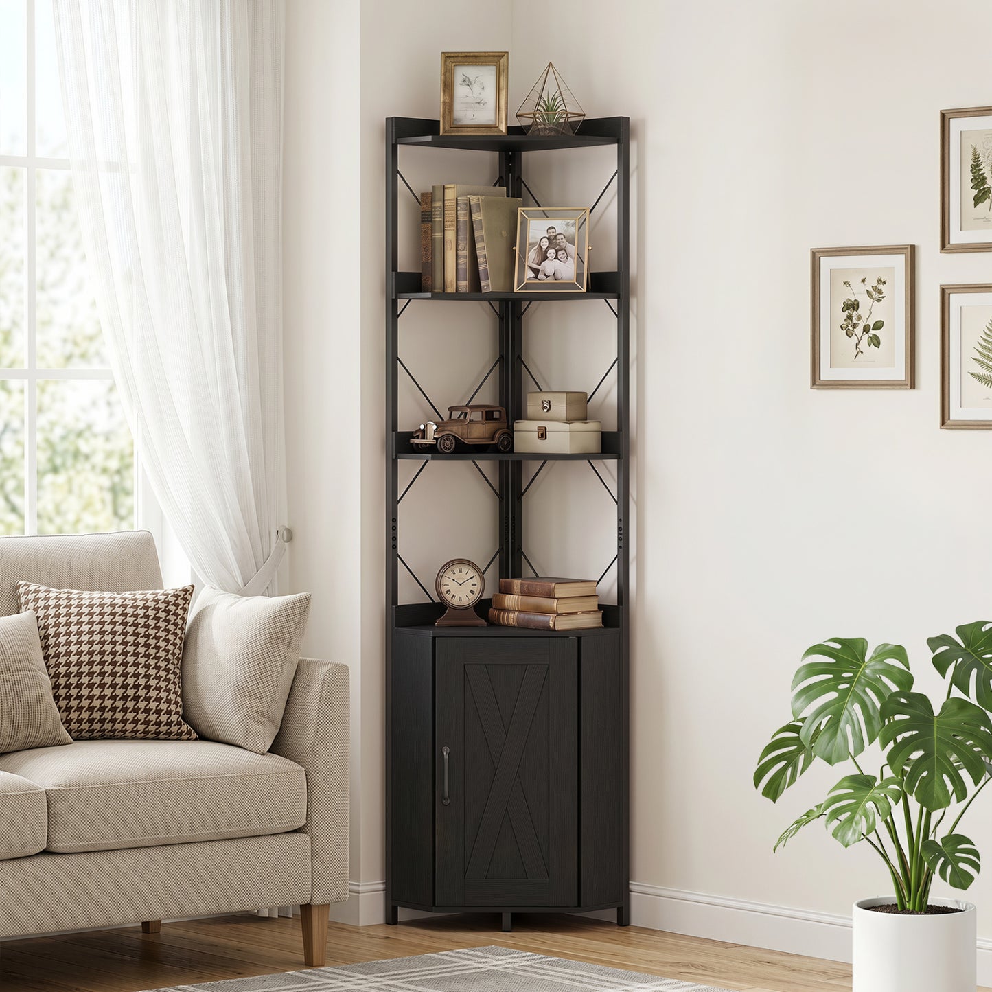 Bibliothèque à 6 étagères de 71 pouces de haut avec armoire, cadre en métal, noir,