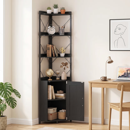 Bibliothèque à 6 étagères de 71 pouces de haut avec armoire, cadre en métal, noir,