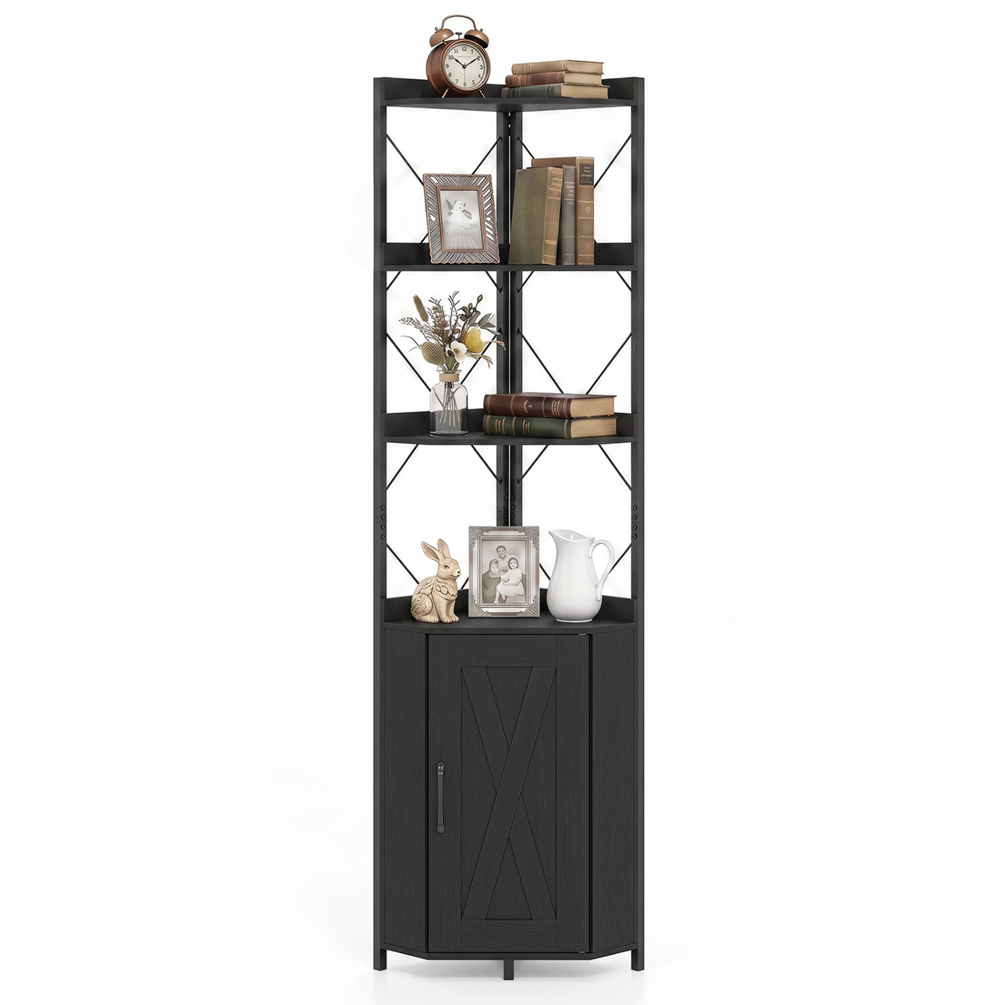 Bibliothèque à 6 étagères de 71 pouces de haut avec armoire, cadre en métal, noir,