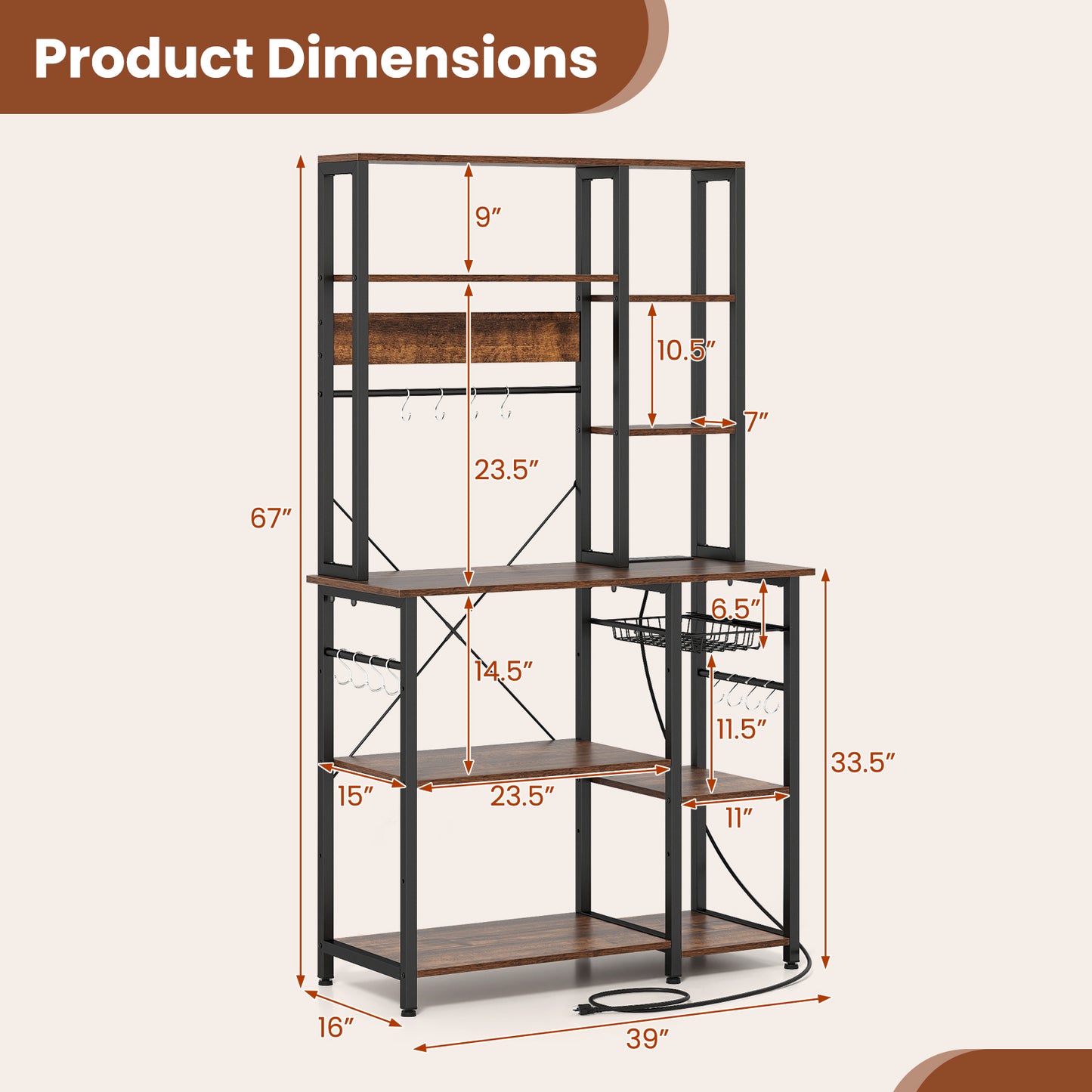 6-Tier Bakers Rack, Wooden Open Shelves, Brown Baker's Racks at Gallery Canada