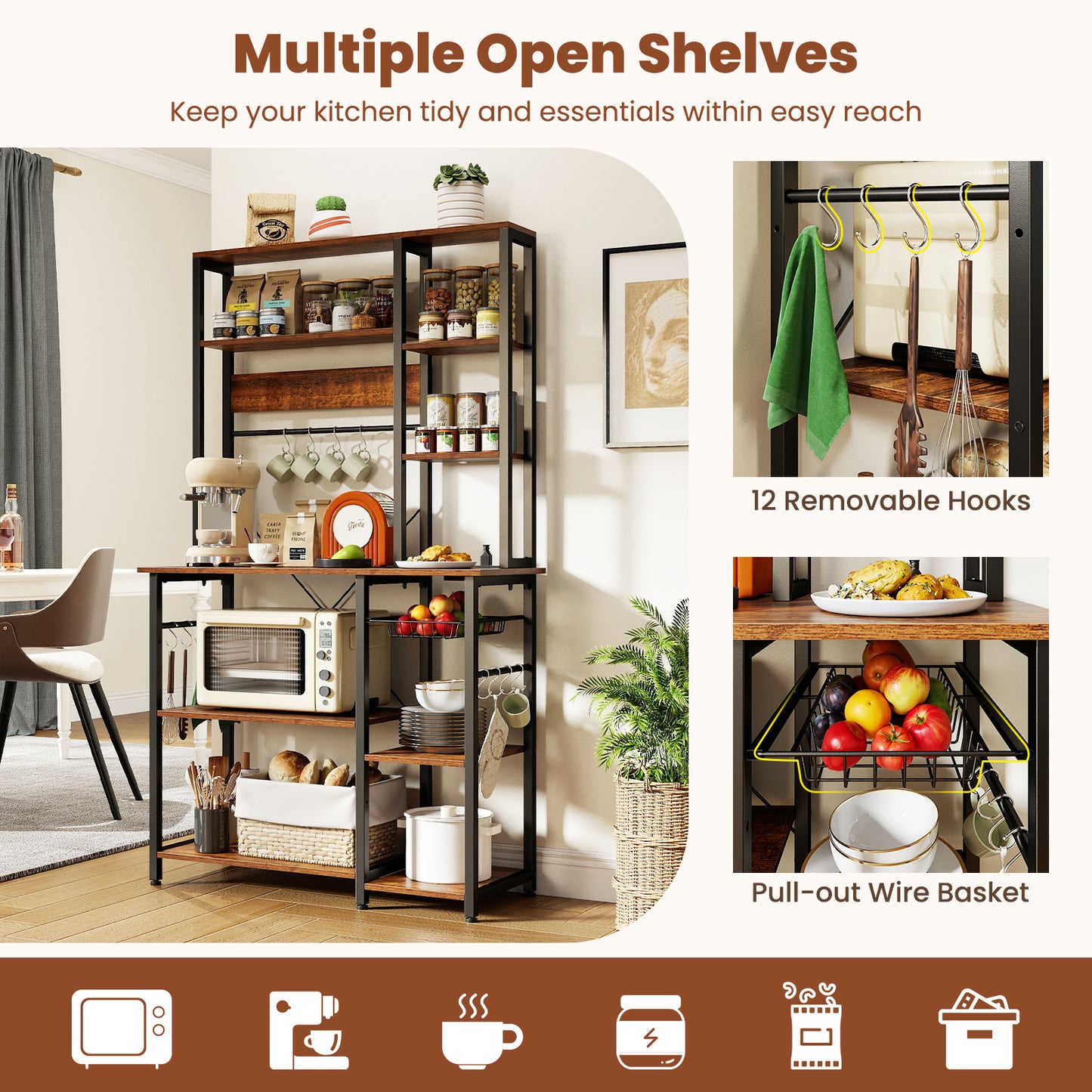 6-Tier Bakers Rack, Wooden Open Shelves, Brown Baker's Racks at Gallery Canada