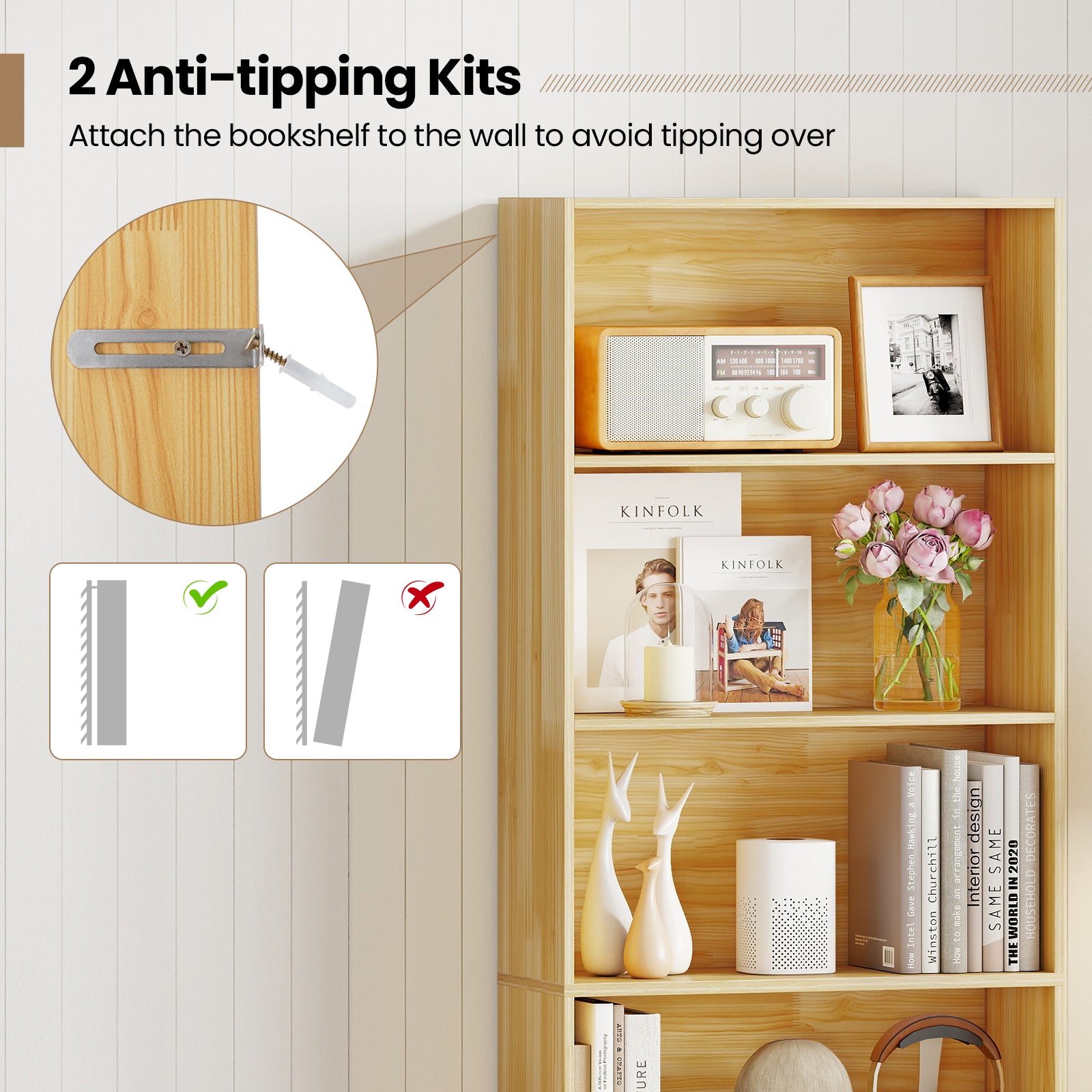 6-Tier Bookcase with 6 Open Shelves and Anti-Toppling Kits, Wood Bookcases at Gallery Canada