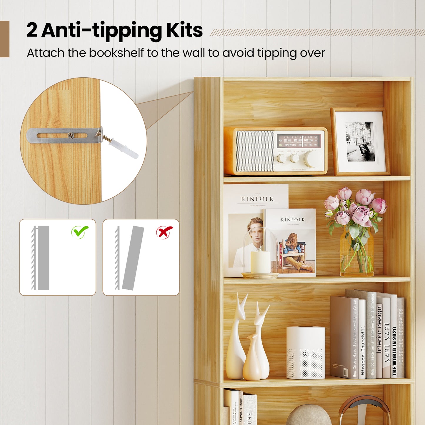 6-Tier Bookcase with 6 Open Shelves and Anti-Toppling Kits, Wood Bookcases at Gallery Canada