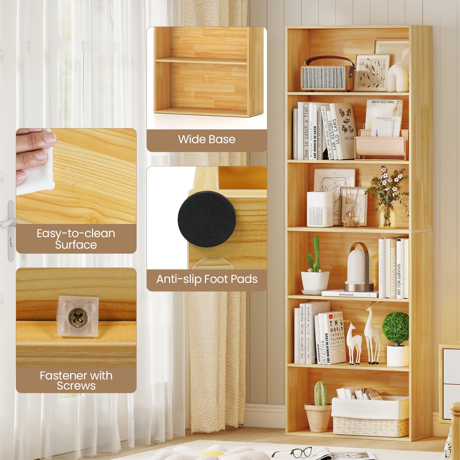6-Tier Bookcase with 6 Open Shelves and Anti-Toppling Kits, Wood Bookcases at Gallery Canada