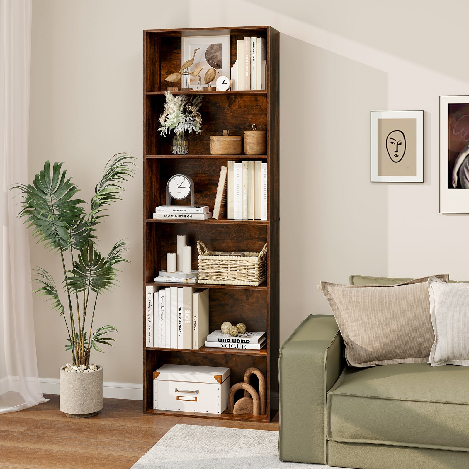 6-Tier Bookcase, 6 Open Shelves, Anti-Toppling Kits, Rustic Brown Bookcases at Gallery Canada