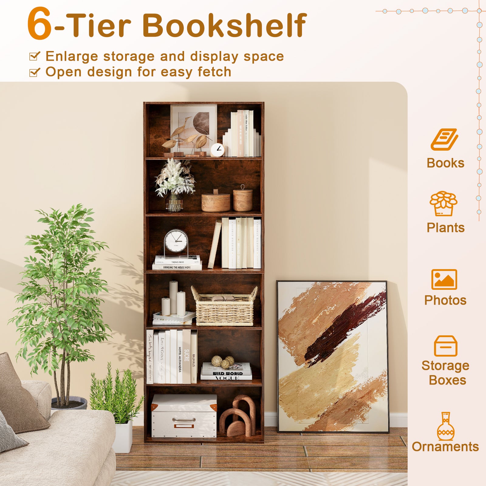 6-Tier Bookcase, 6 Open Shelves, Anti-Toppling Kits, Rustic Brown Bookcases at Gallery Canada