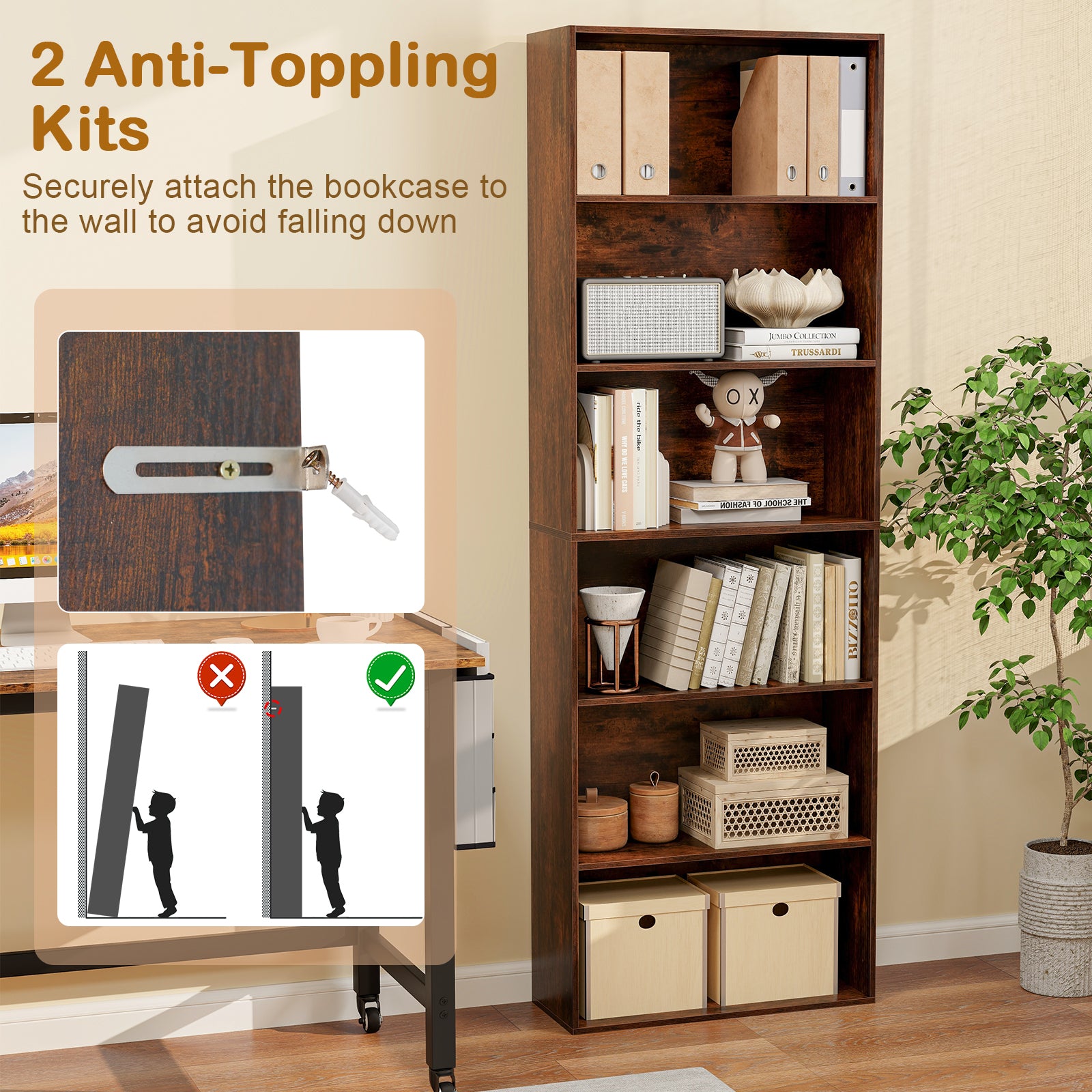 6-Tier Bookcase, 6 Open Shelves, Anti-Toppling Kits, Rustic Brown Bookcases at Gallery Canada