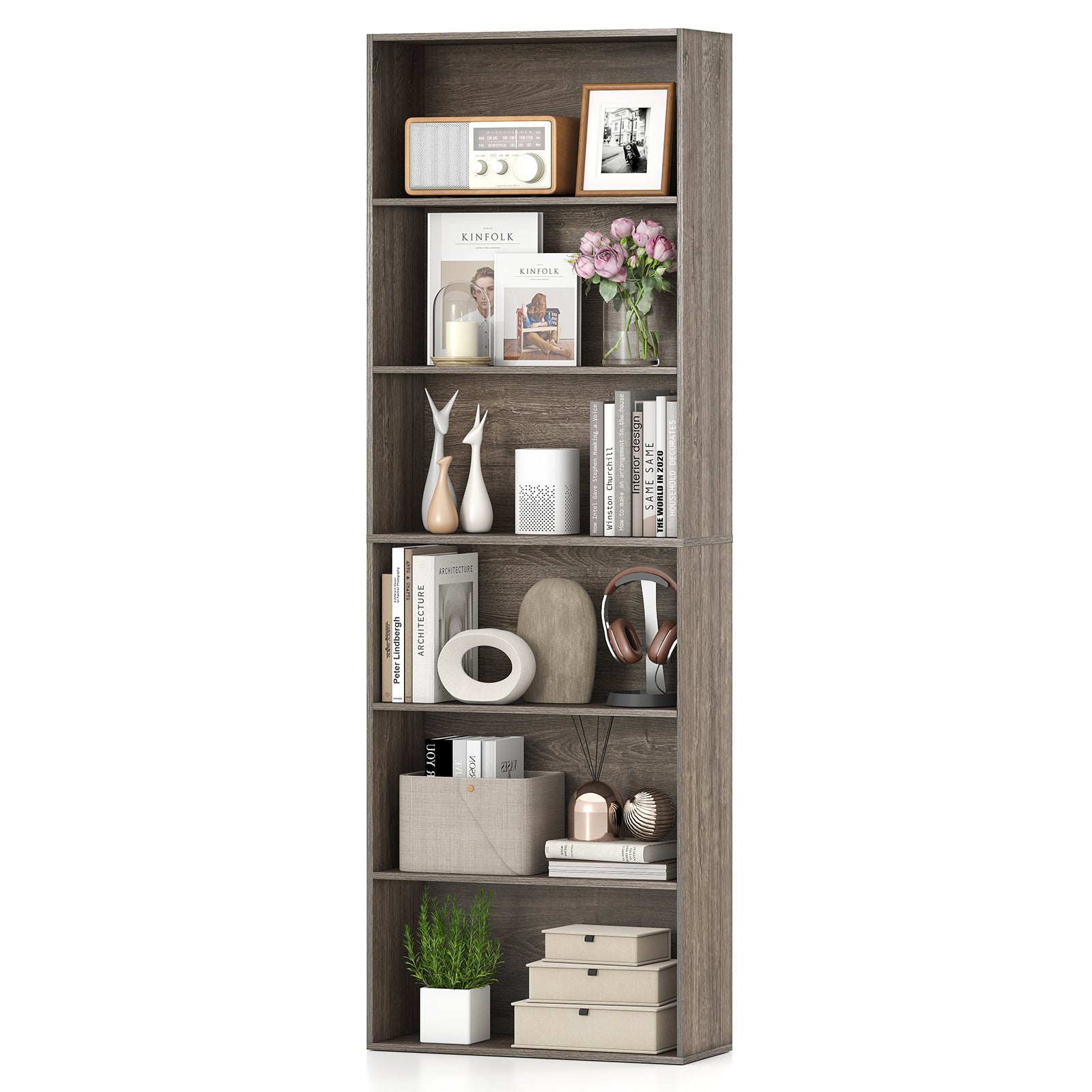 6-Tier Bookcase with 6 Open Shelves and Anti-Toppling Kits, Gray Bookcases at Gallery Canada