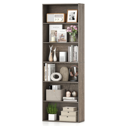 6-Tier Bookcase with 6 Open Shelves and Anti-Toppling Kits, Gray