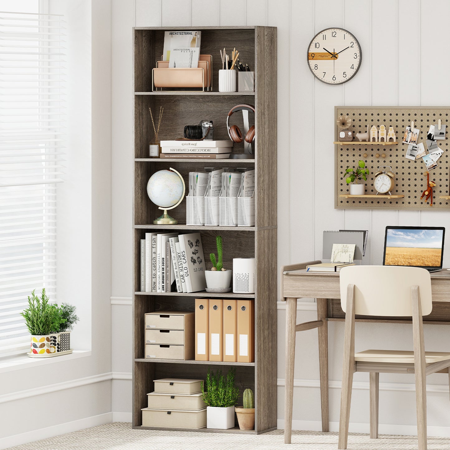 6-Tier Bookcase with 6 Open Shelves and Anti-Toppling Kits, Gray Bookcases at Gallery Canada