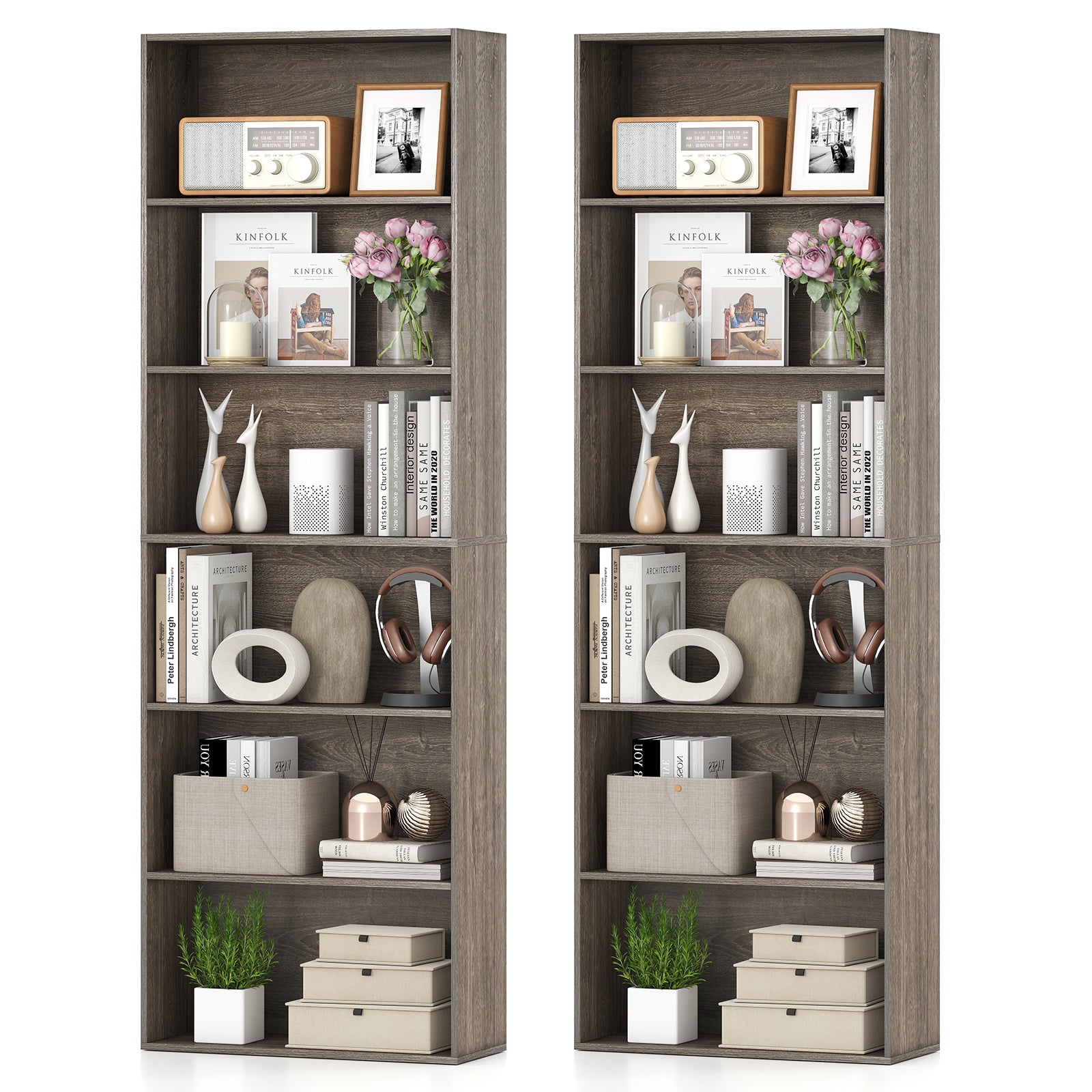6-Tier Bookcase with 6 Open Shelves and Anti-Toppling Kits, Gray Bookcases at Gallery Canada