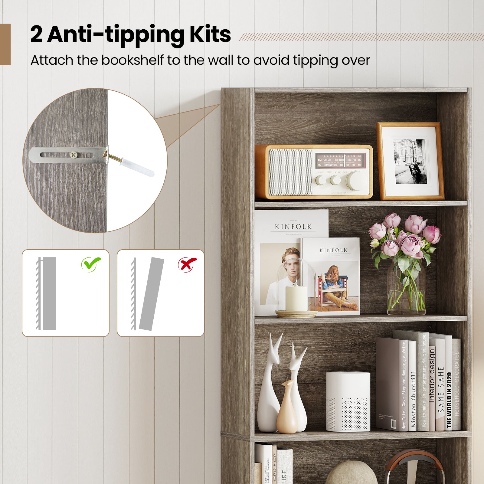 6-Tier Bookcase with 6 Open Shelves and Anti-Toppling Kits, Gray Bookcases at Gallery Canada