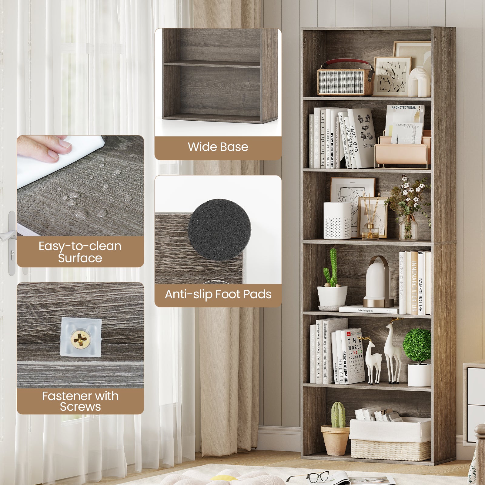 6-Tier Bookcase with 6 Open Shelves and Anti-Toppling Kits, Gray Bookcases at Gallery Canada