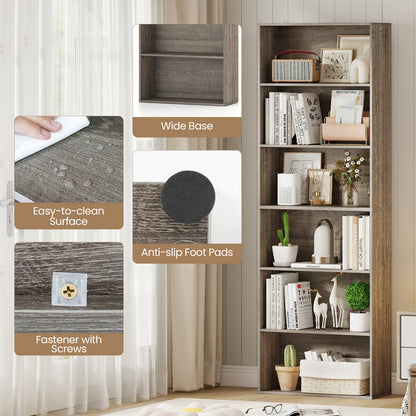 6-Tier Bookcase with 6 Open Shelves and Anti-Toppling Kits, Gray Bookcases at Gallery Canada