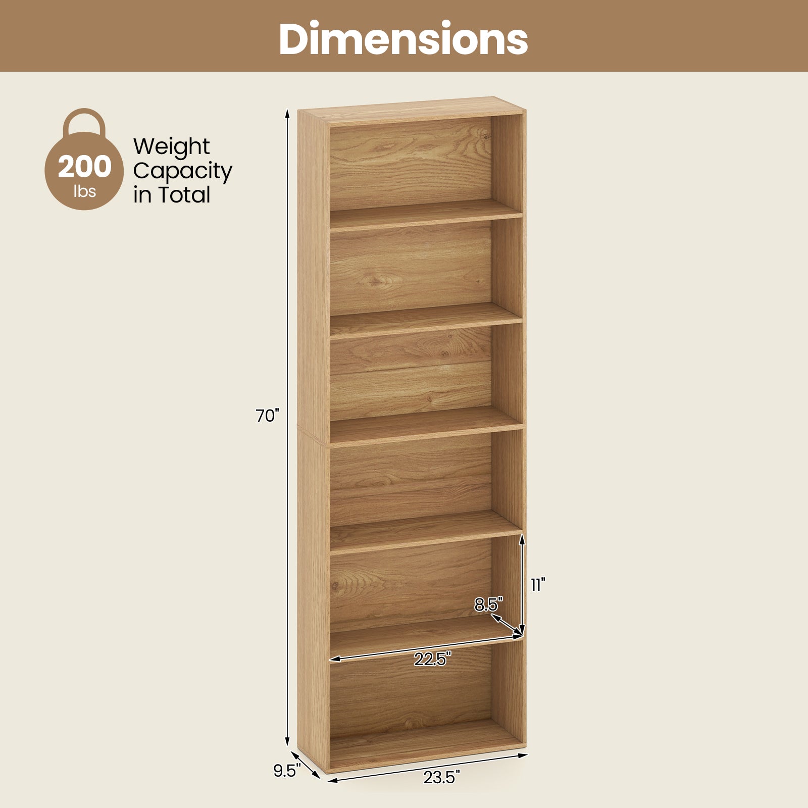 6-Tier Bookcase with 6 Open Shelves and Anti-Toppling Kits, Natural Bookcases at Gallery Canada