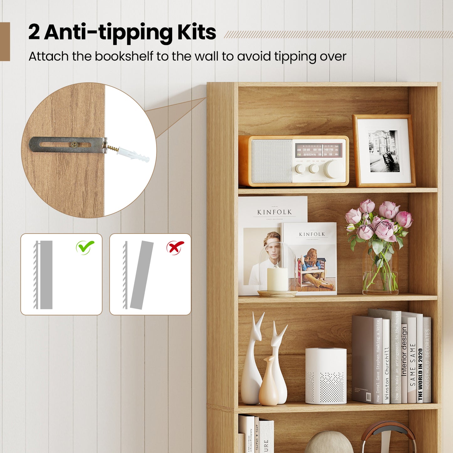 6-Tier Bookcase with 6 Open Shelves and Anti-Toppling Kits, Natural Bookcases at Gallery Canada