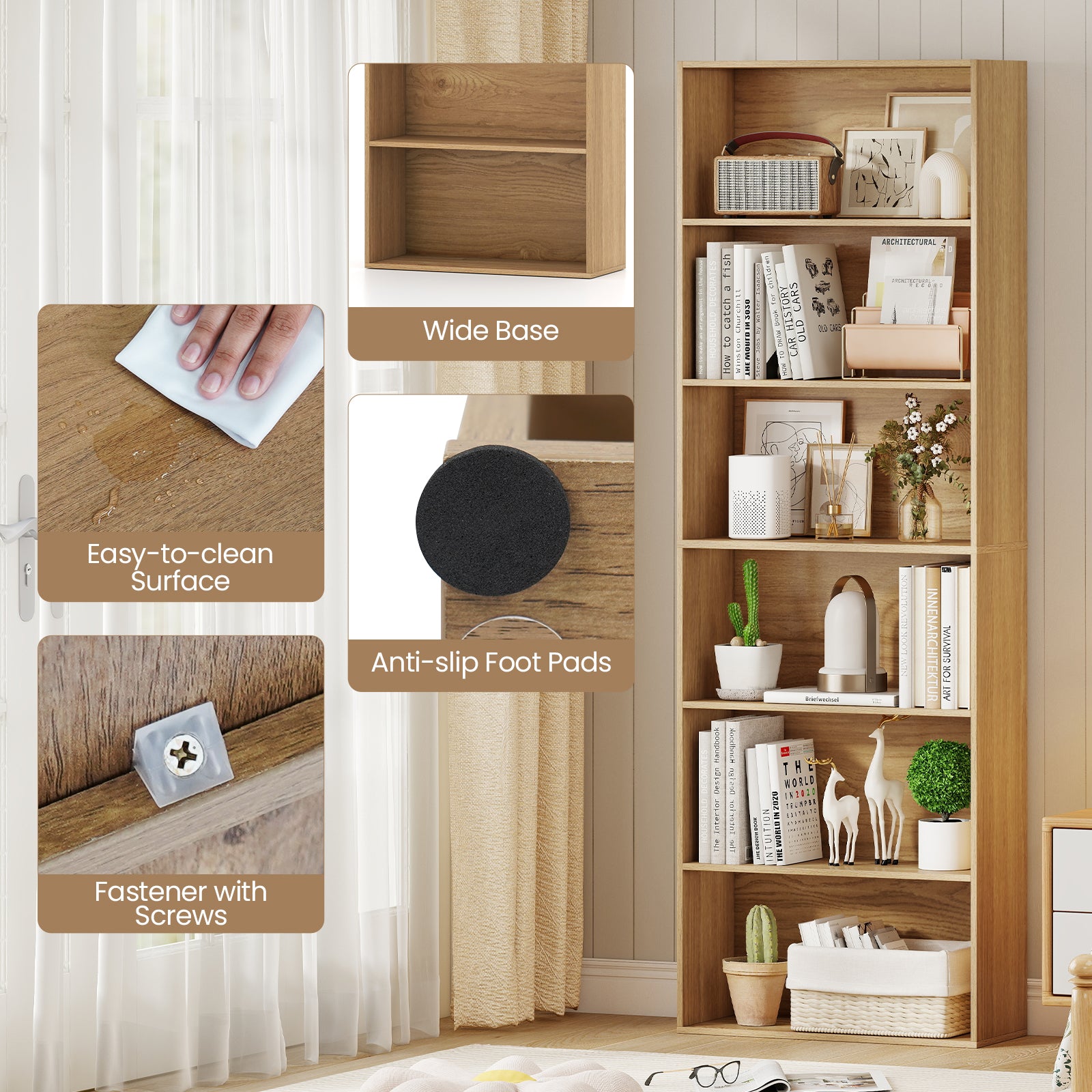 6-Tier Bookcase with 6 Open Shelves and Anti-Toppling Kits, Natural Bookcases at Gallery Canada