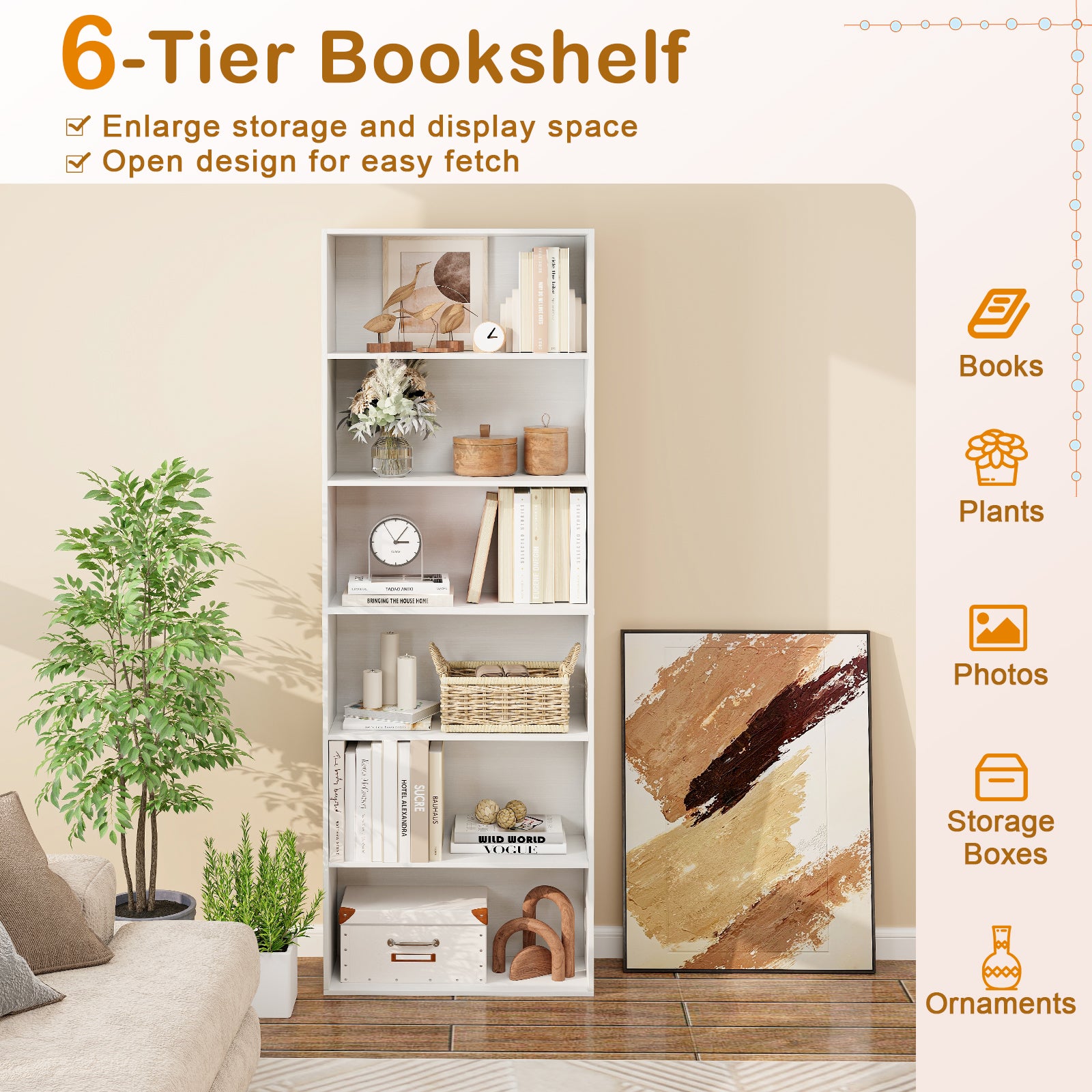 6-Tier Bookcase, 6 Open Shelves, Anti-Toppling Kits, White Bookcases at Gallery Canada