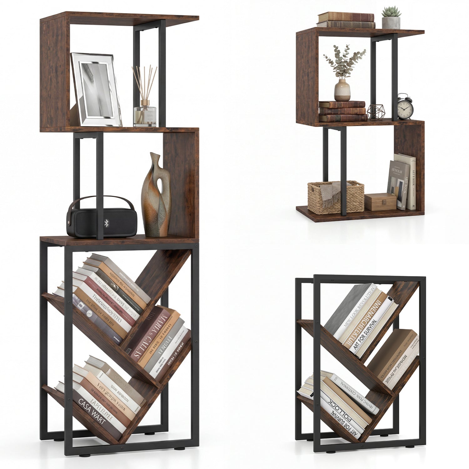 6-Tier Tree S-Shaped Geometric Bookcase, Brown Bookcases at Gallery Canada