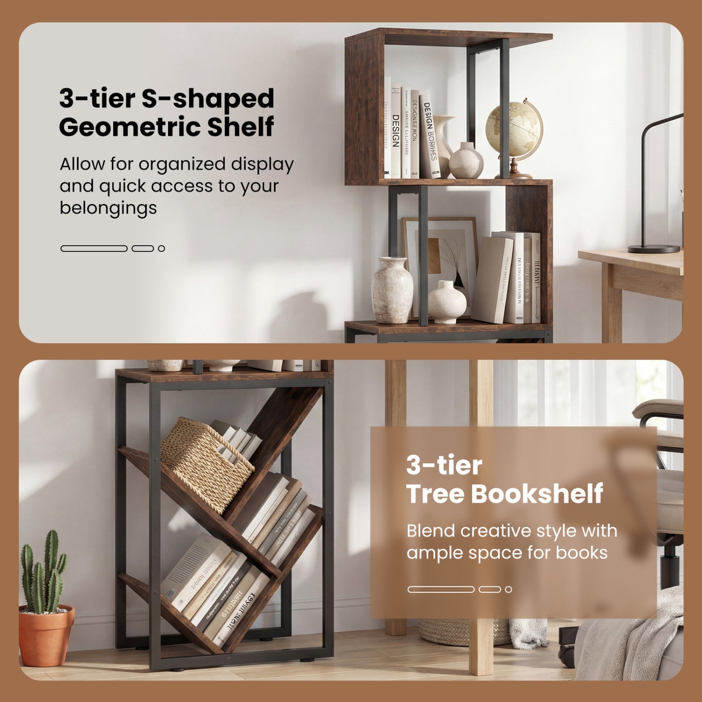 6-Tier Tree S-Shaped Geometric Bookcase, Brown Bookcases at Gallery Canada